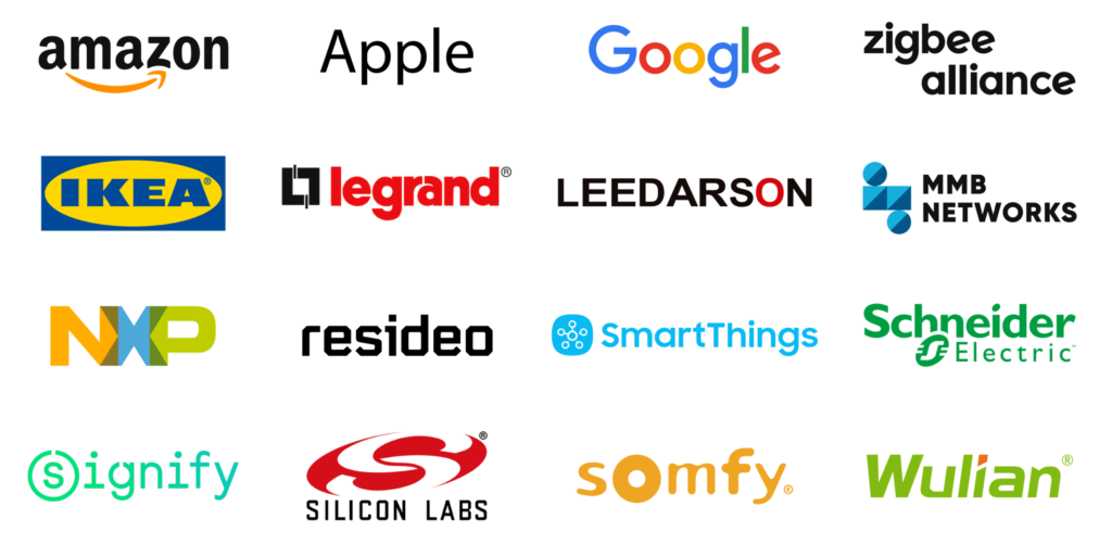 16 logos of one of the most famous tech companies that are joined in the Project Connected Home over IP Including Amazon, Apple, Google, Zigbee, IKEA 