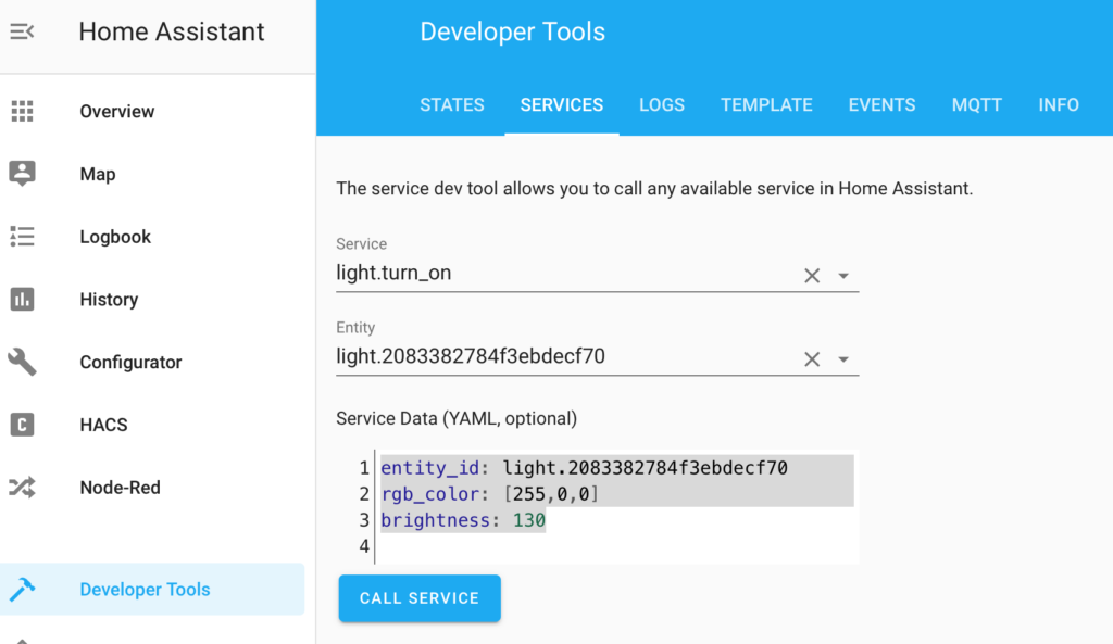 Home Assistant Developer Tools - making the downlight to glow red