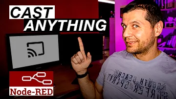Me pointing at CAST ANYTHING label with chromecast and node-red logos underneath