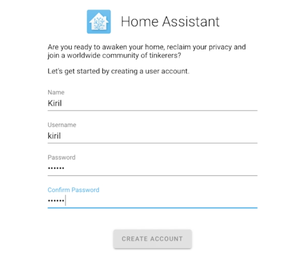 Home Assistant Initial Setup Screen