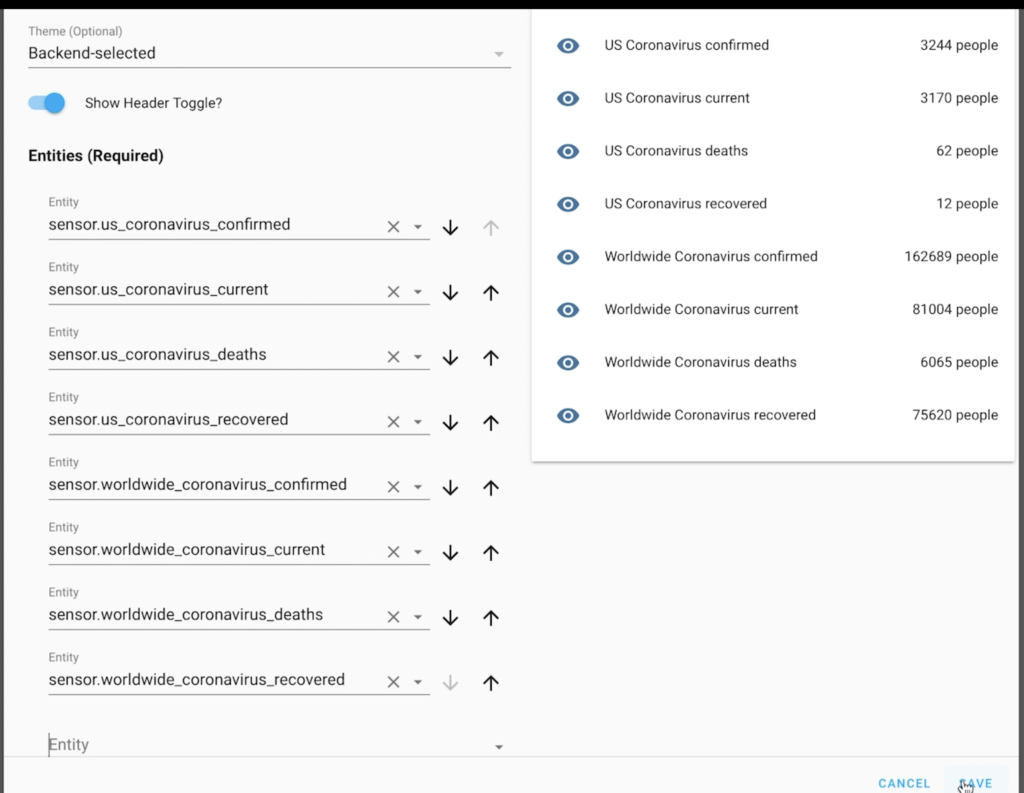 Configuration of the ENTITIES card to use Coronavirus sensor data