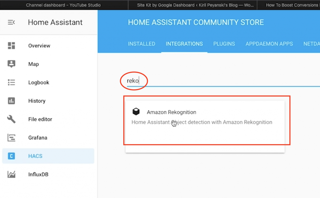 Search for "Rekognition" in the HACS section under Home Assistant