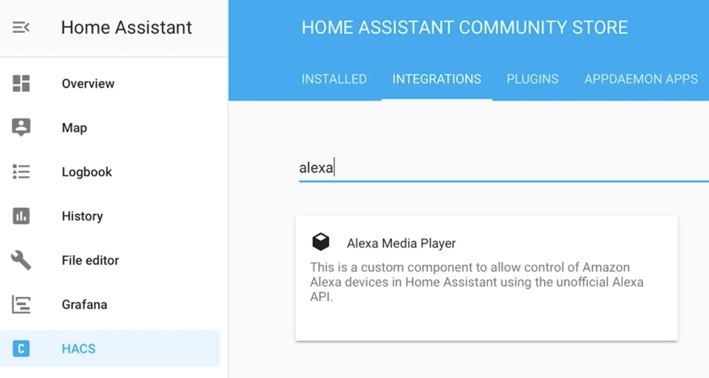 Searching fro Alexa Media Player in HACS