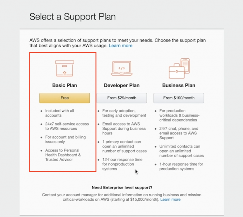 Basic Plan AWS selected because it is Free.