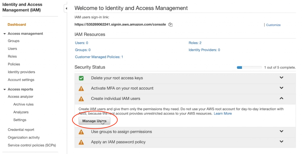 Manage user button under Create individual IAM users