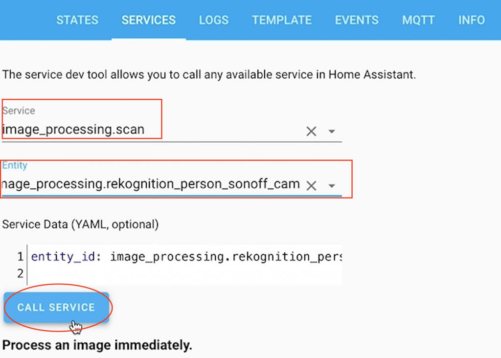 Calling the image_processing.scan service in Home Assistant