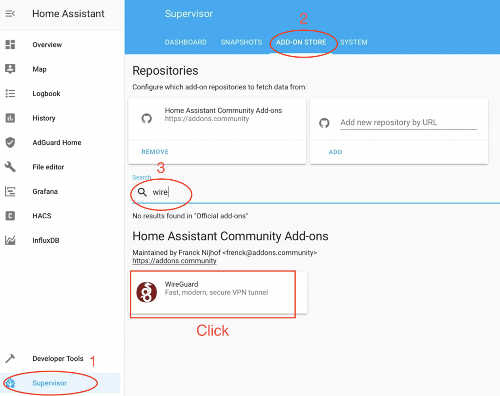 Searching for WireGuard Integration in Home Assistant.