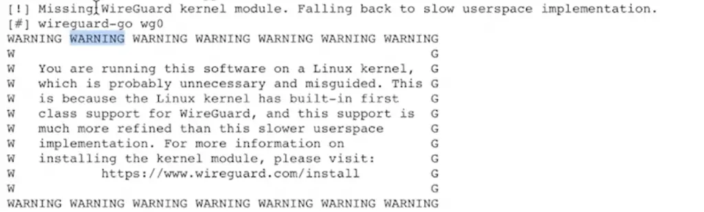 Missing WireGuard kernel module warning.