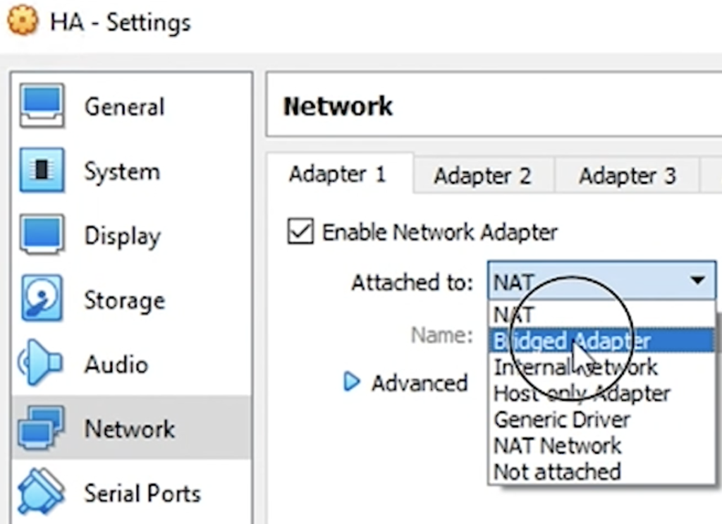 Selecting Bridged Adapter