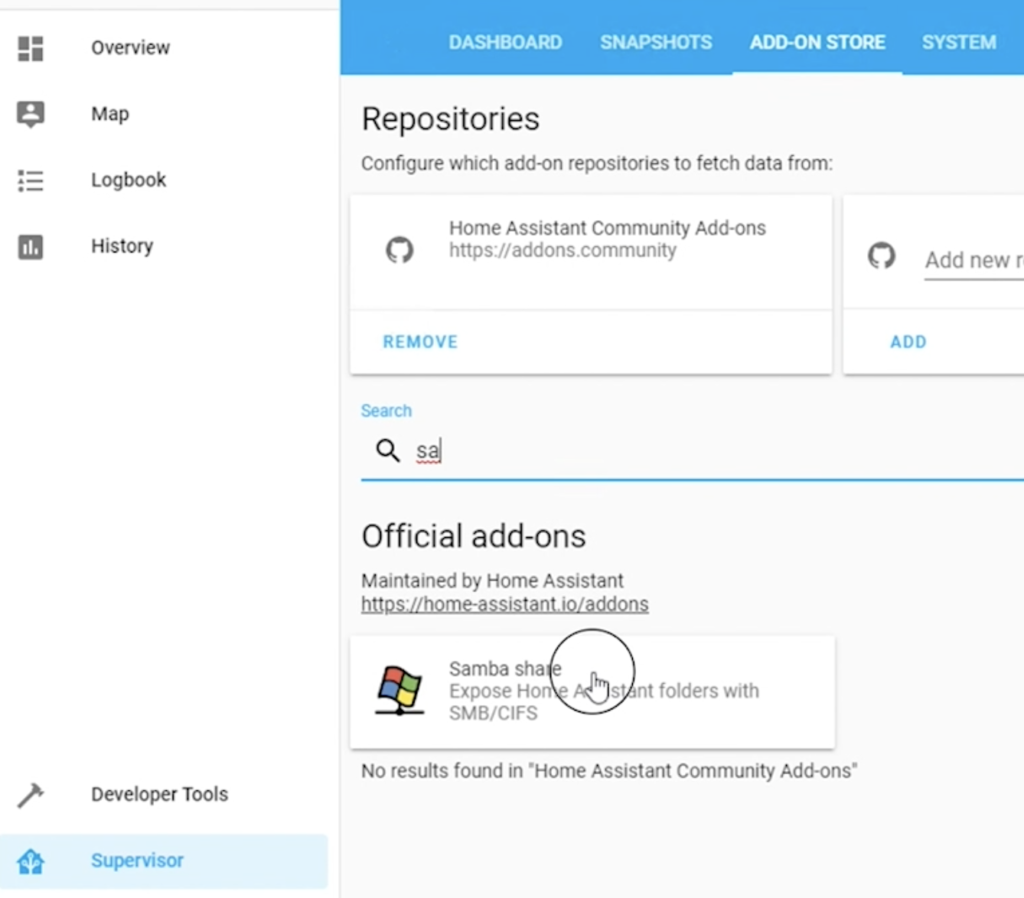 Installing the "samba" add-on