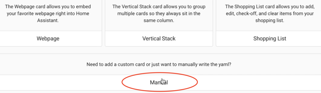 adding manual card on home assistant dashboard