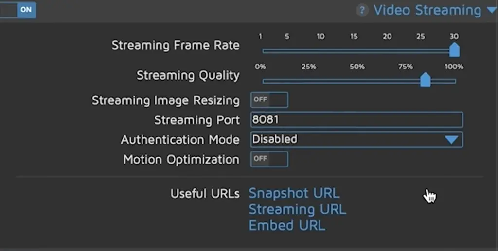 Video Streaming settings in MotionEye