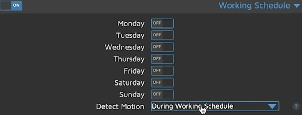 Working Schedule settings in MotionEye
