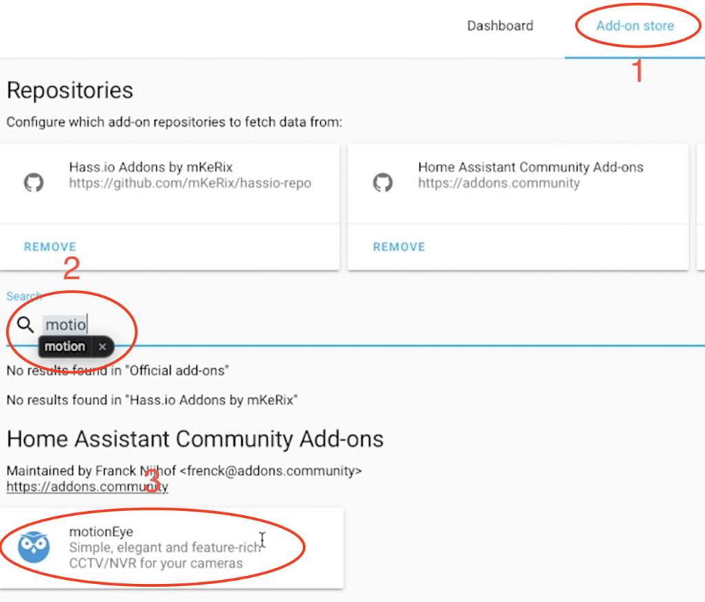 Search for MotionEye in Home Assistant Add-on store.