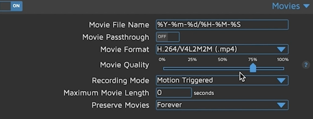 Movies settings in MotionEye