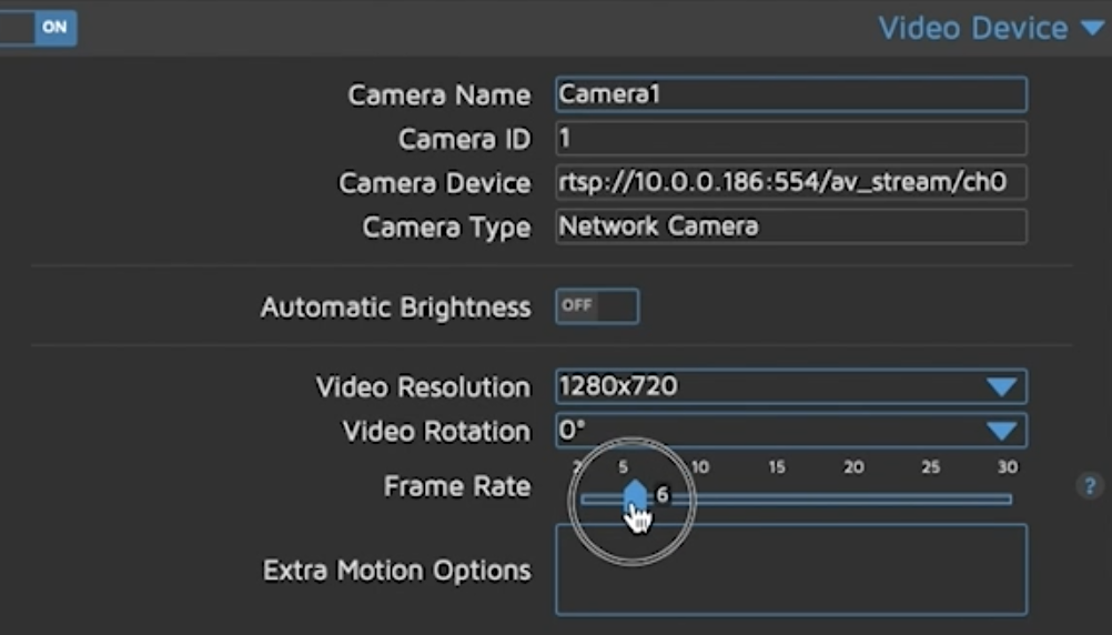 Setting the video resolution and frame rate of the camera within MotionEye