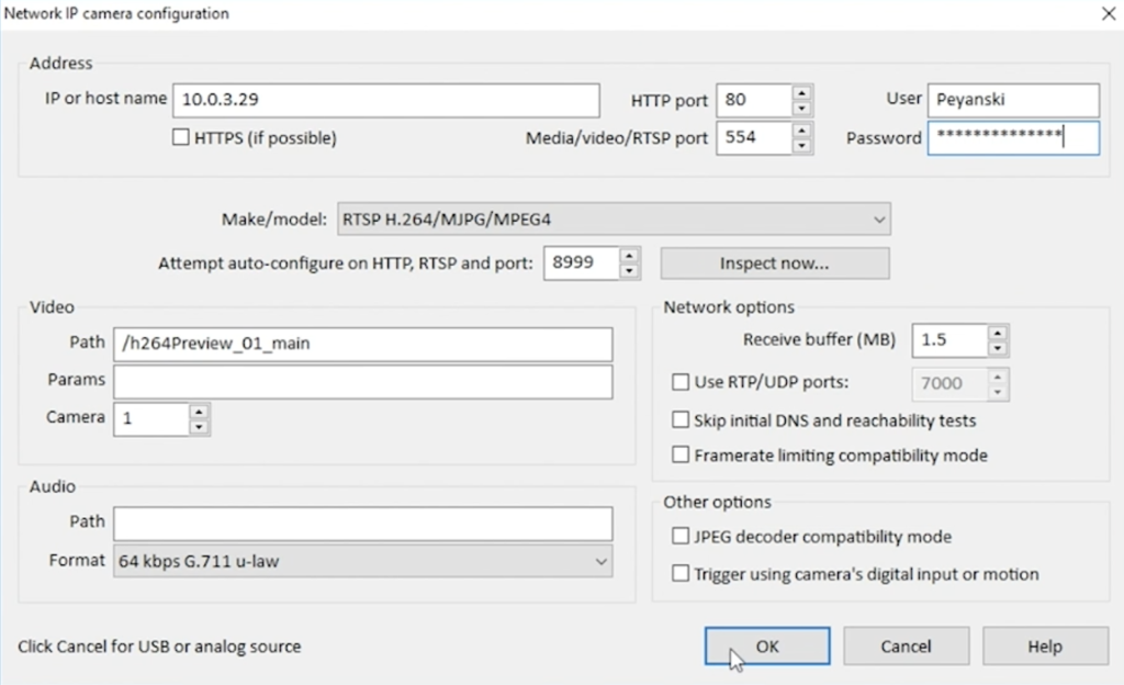 Entering the address and credentials for the network camera in Blue Iris