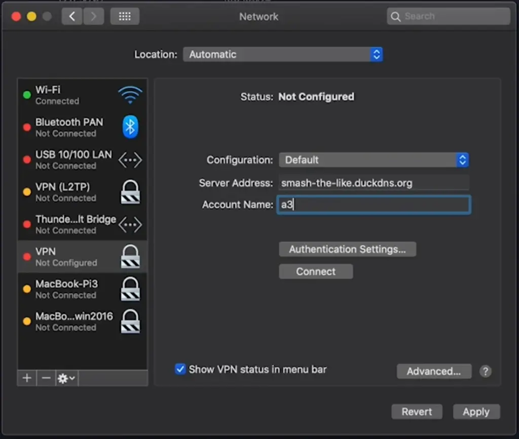 Configuring the native VPN client in MacOS
