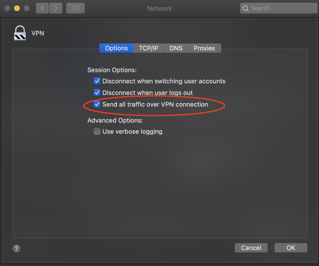 Enabling "Send all traffic over VPN connection" option.