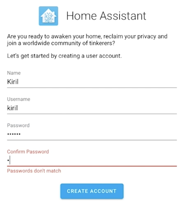 Home Assistant Welcome screen for user creation.