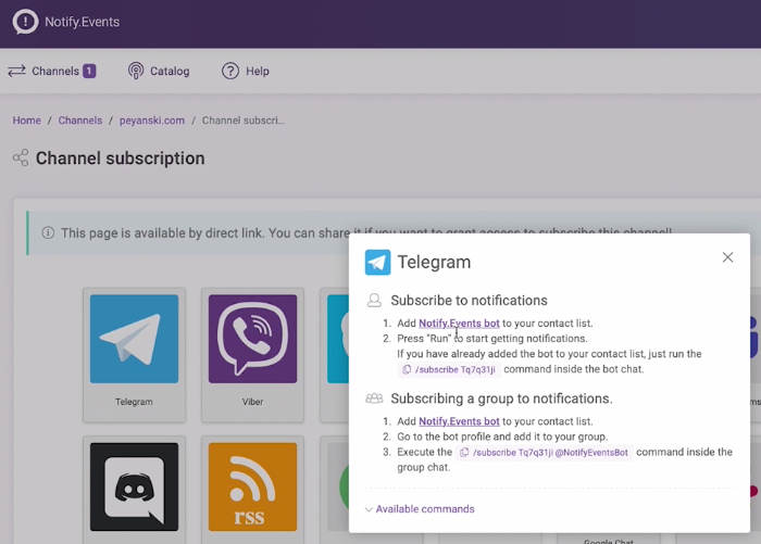 Subscribing for Telegram notifications