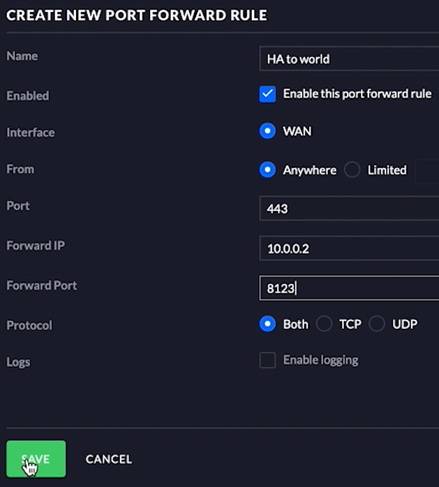 You need a Port Forward Rule to enable Home Assistant remote access