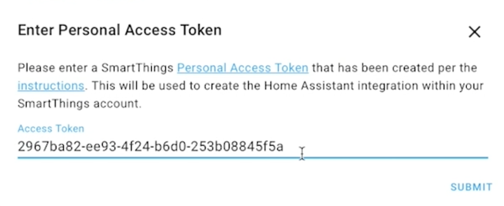 Pasting the SmartThings token in Home Assistant integration