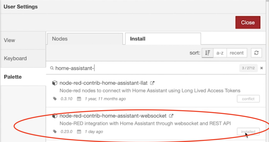 Install node-red-contrib-home-assistant-websocket palette in Node-RED