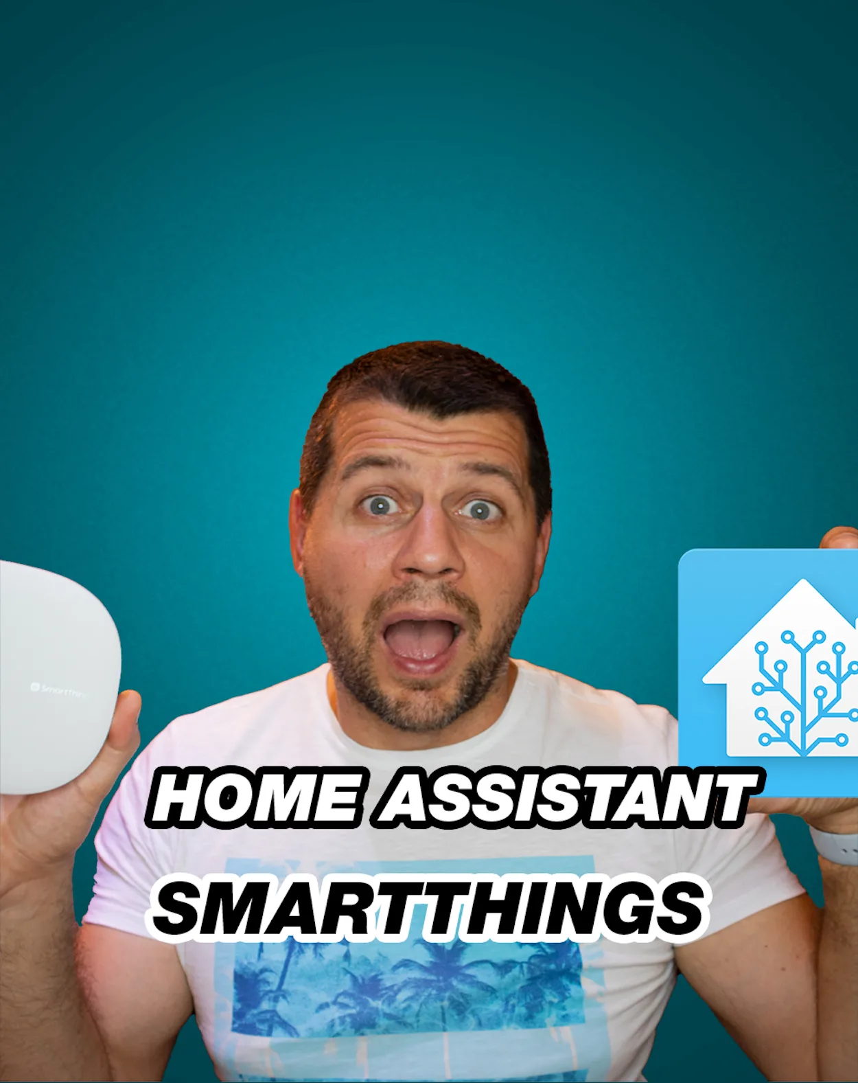 Me holding Home Assistant and SmartThings v3 hub