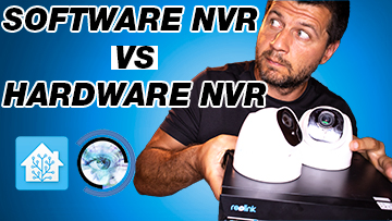 Me holding Reolink nvr RLN8-410 and two reolink cameras rlc-520 and rlc-522 and looking at sofware nvr vs hardware nvr