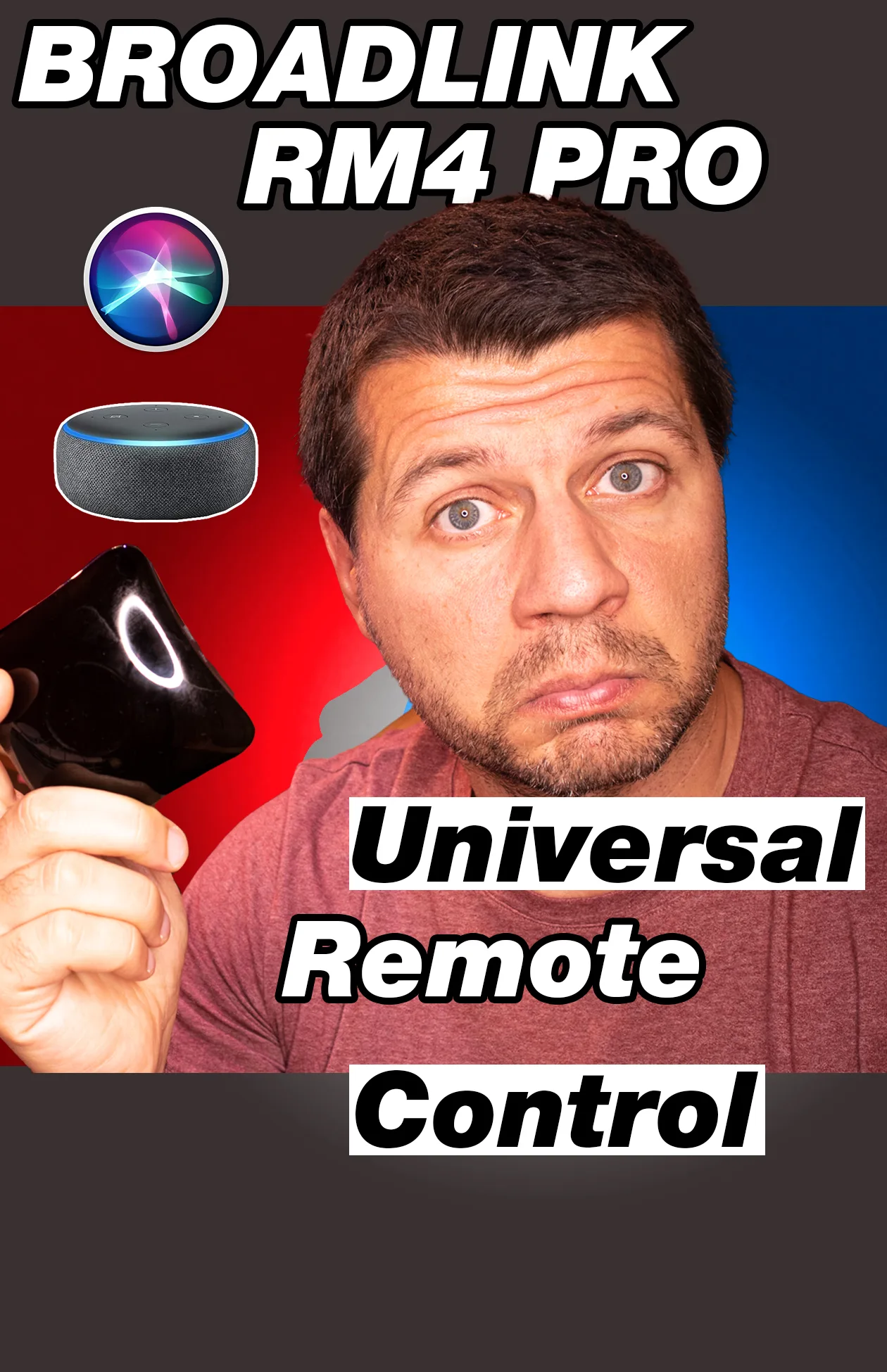 Me holding broadlink rm4 pro with Alexa and Siri icons