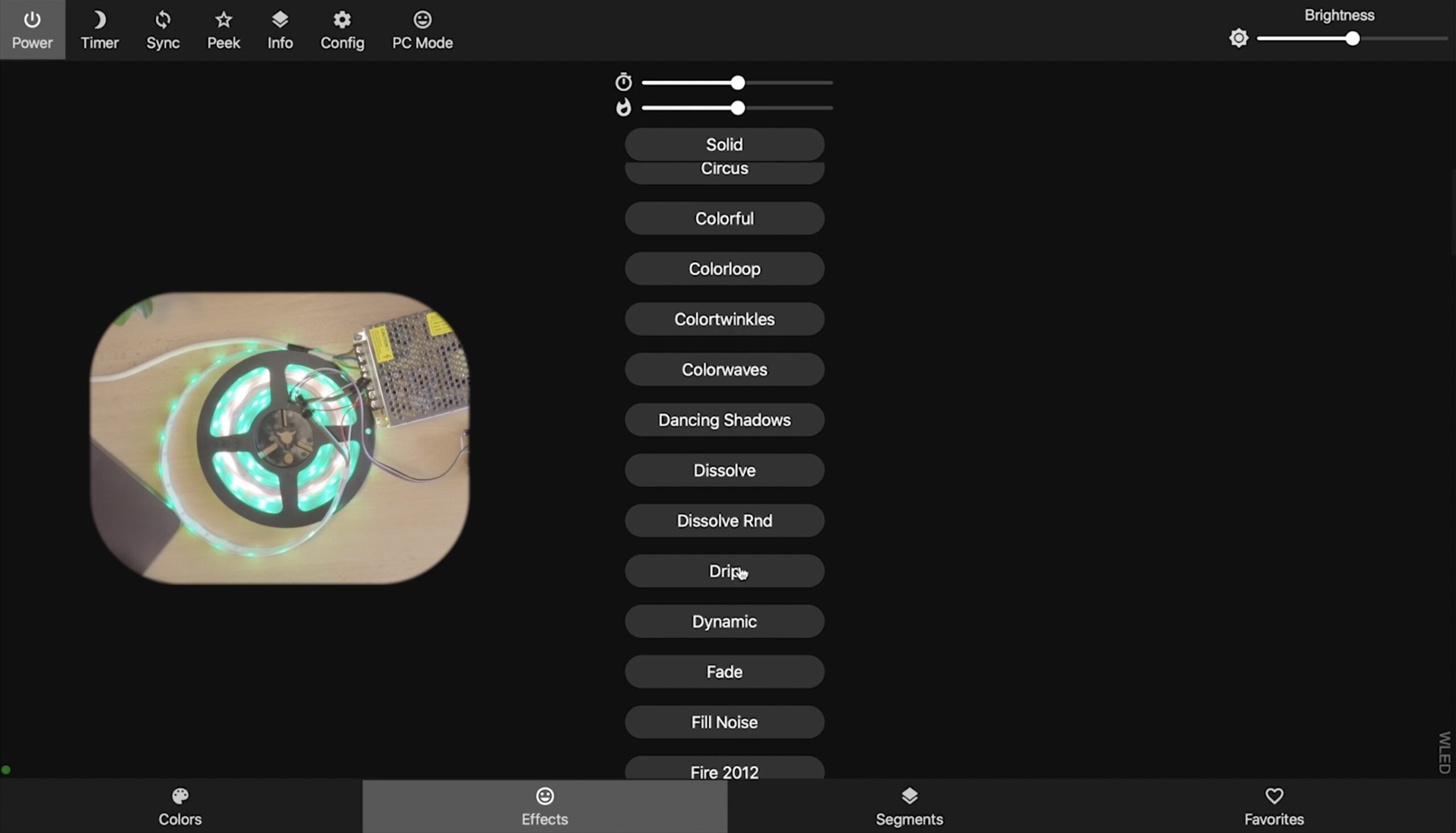 WLED effects tab where you can test all of the embedded LED Strip effects that WLED have