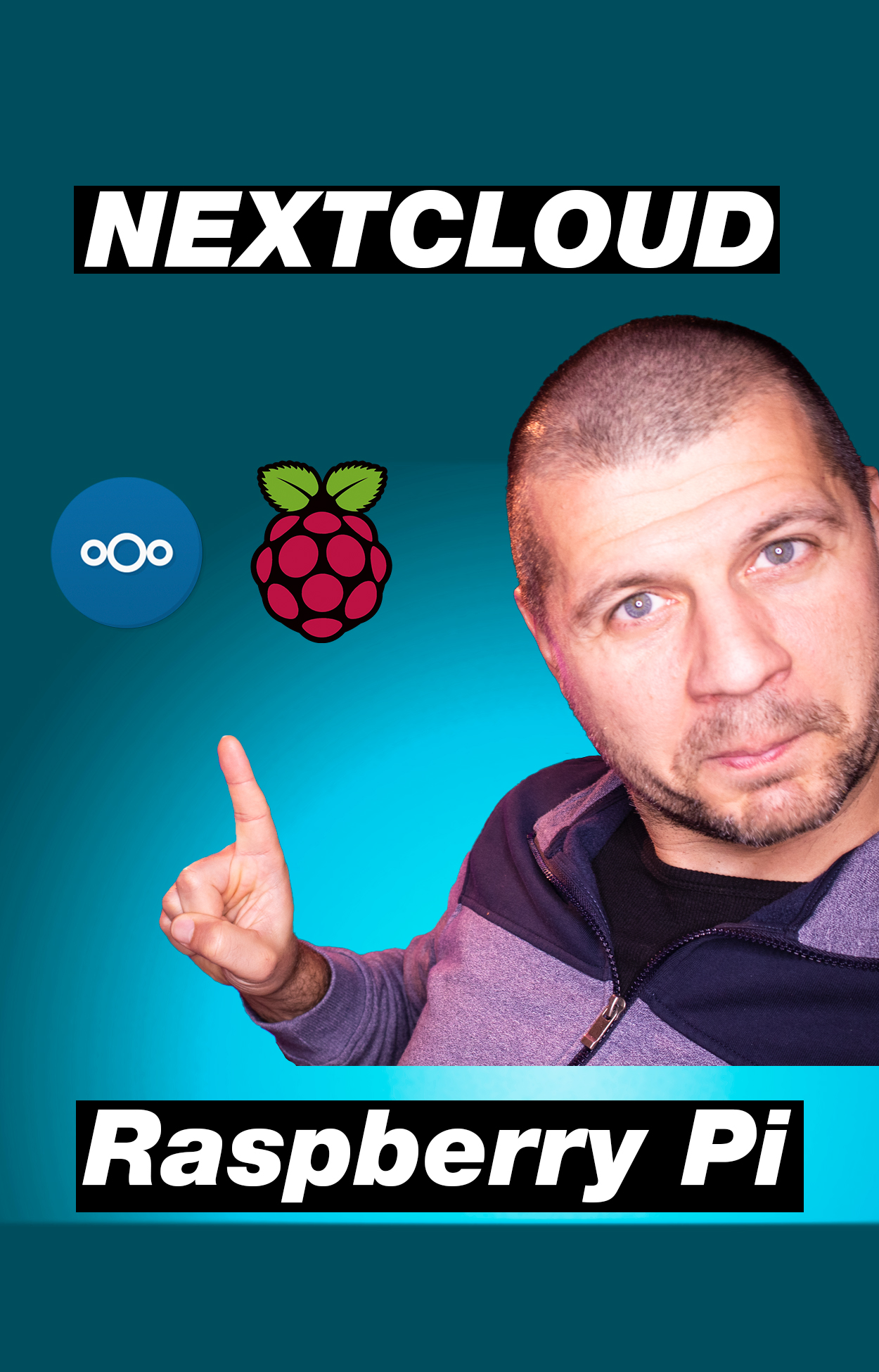 Me pointing at the Nextcloud on Raspberry Pi label