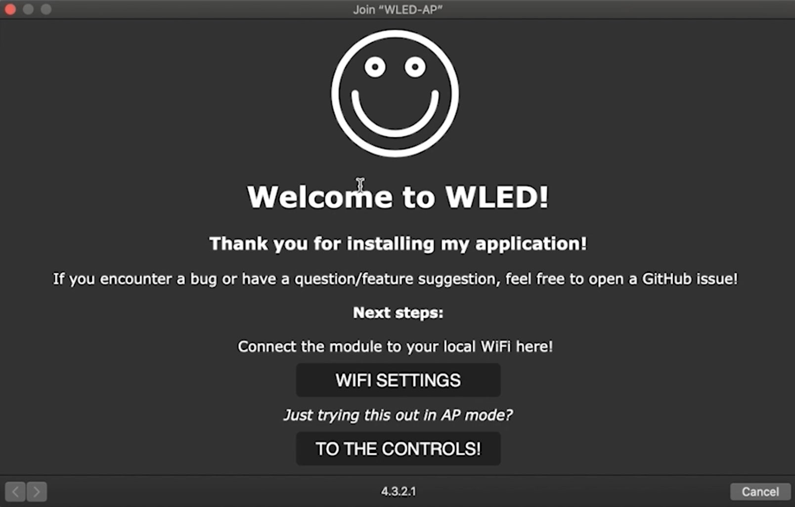 The screen that you will see when you first join WLED-AP