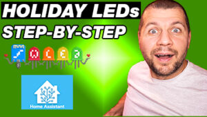 Me surprised with Holiday LEDs step-by-step label and Home Assistant and WLED logos