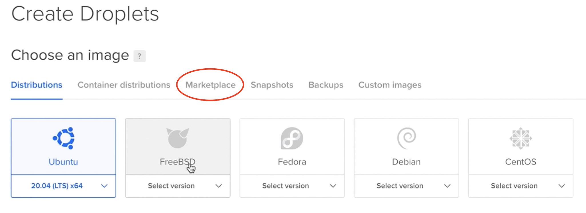 Select Marketplace in DigitalOcean to create a 1-Click WordPress droplet