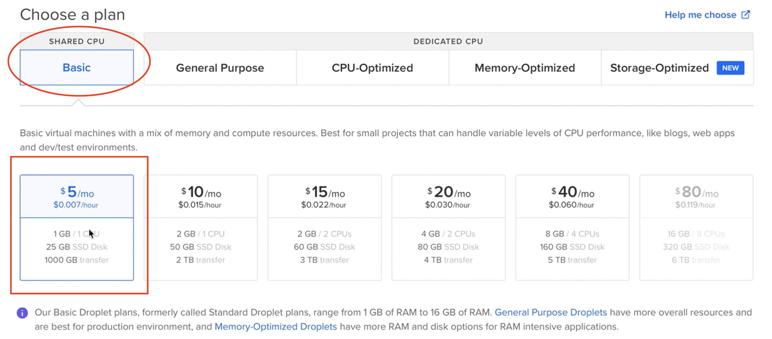 Choose a DigitalOcean Droplet plan