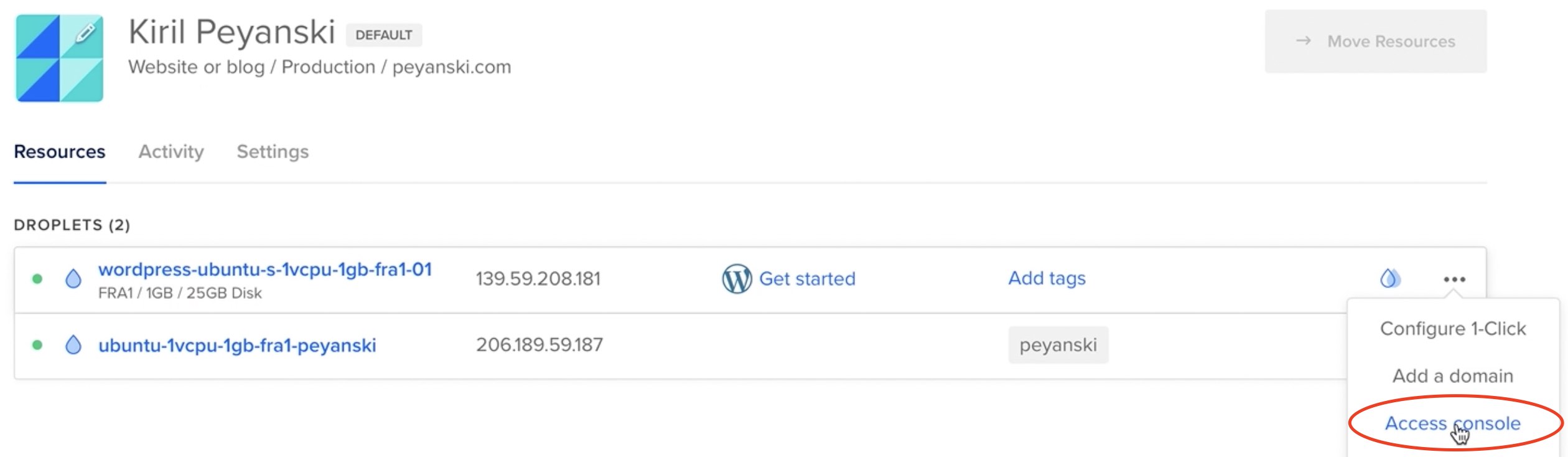 Accessing the DigitalOcean Droplet console to finish the WordPress setup