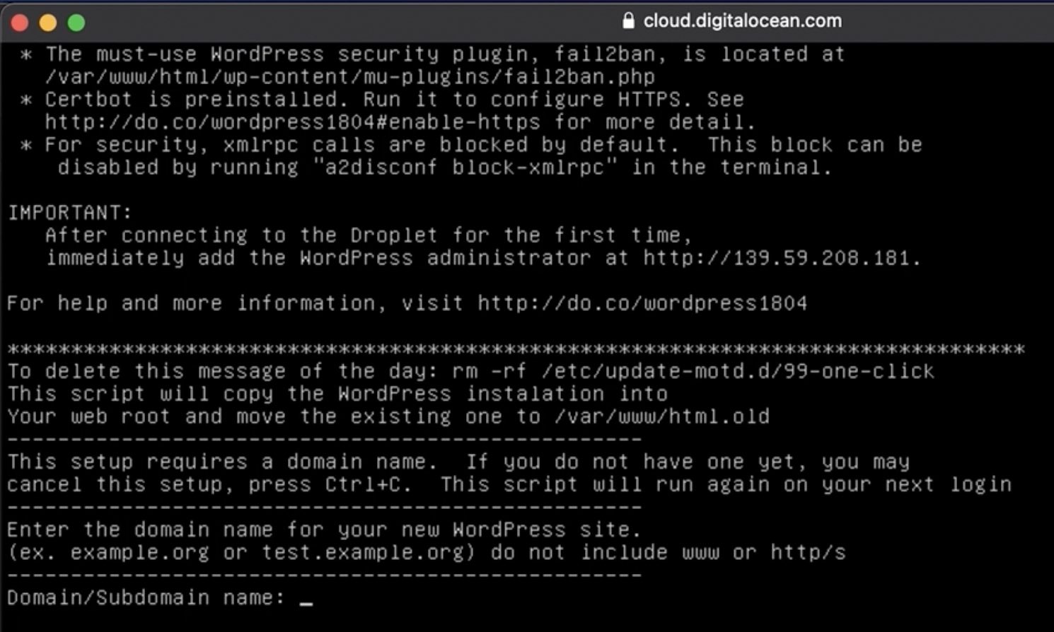 Automatic script in One-Click Droplet with WordPress on DigitalOcean