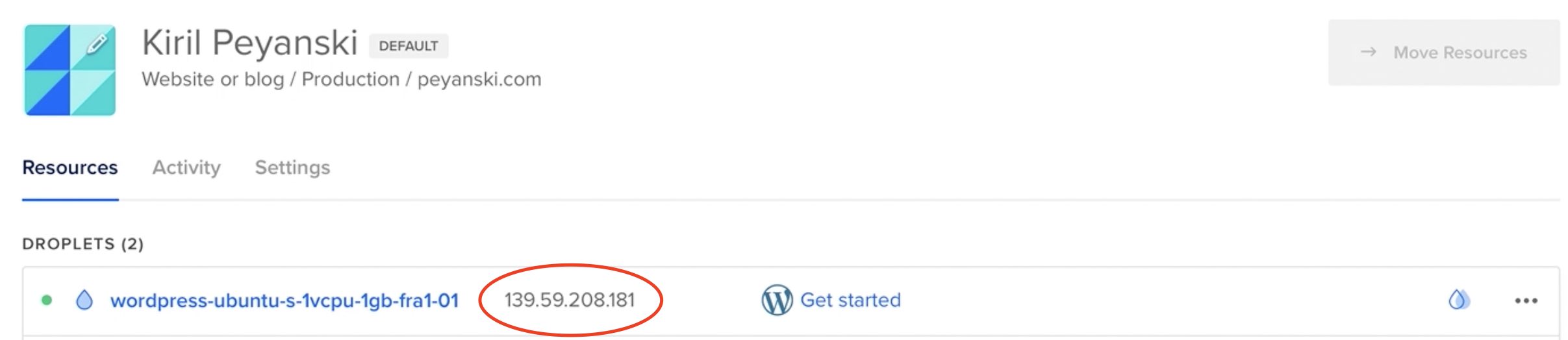 Your future WordPress on DigitalOcean real IP can be found right next to the Droplet name