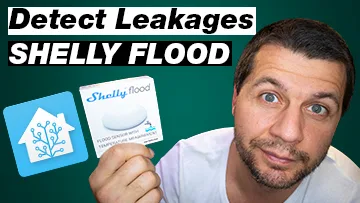 Kiril Peyanski holding Shelly Flood Sensor with label detect leakages and Home Assistant logo