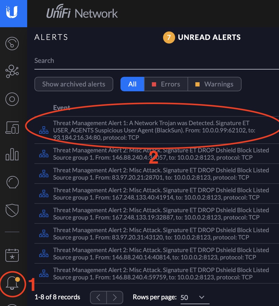 Check the Alerts in UniFi Controller to see the log of blocked/ detected activities by the IDS or IPS