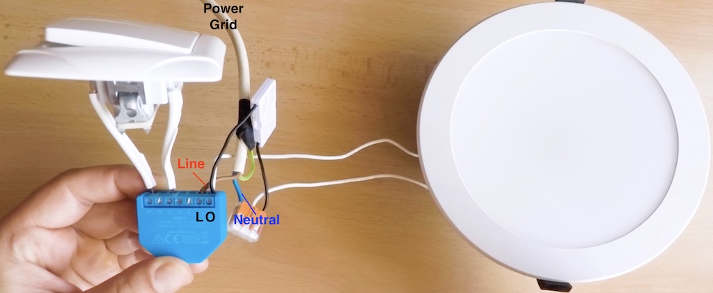 My wiring of the Shelly 1L without neutral using Shelly Bypass, light switch and LED lamp.