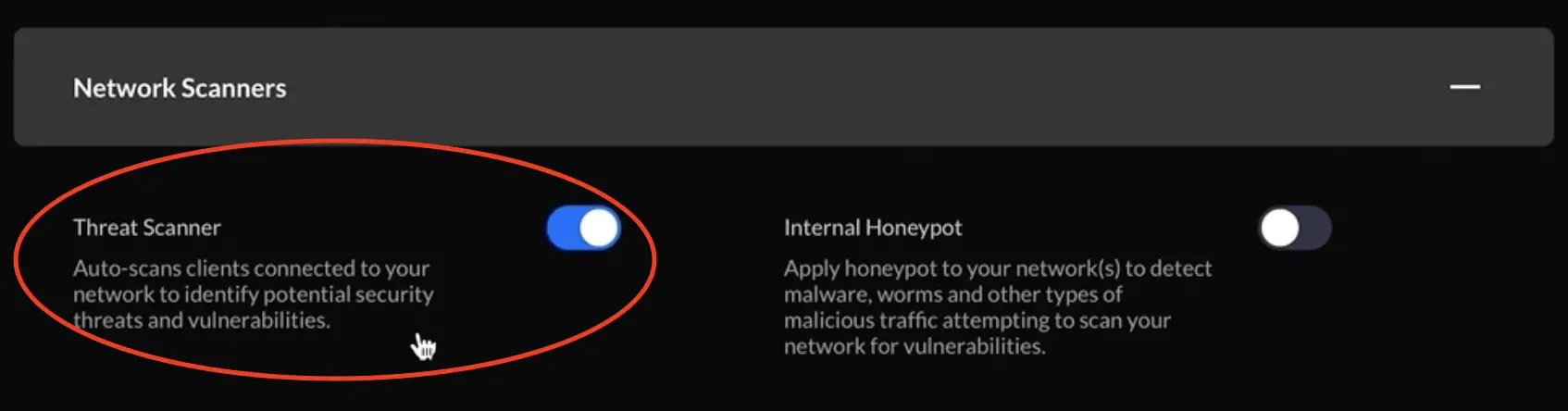 Network Scanners section that contains Threat Scanner and Internal Honeypot options.