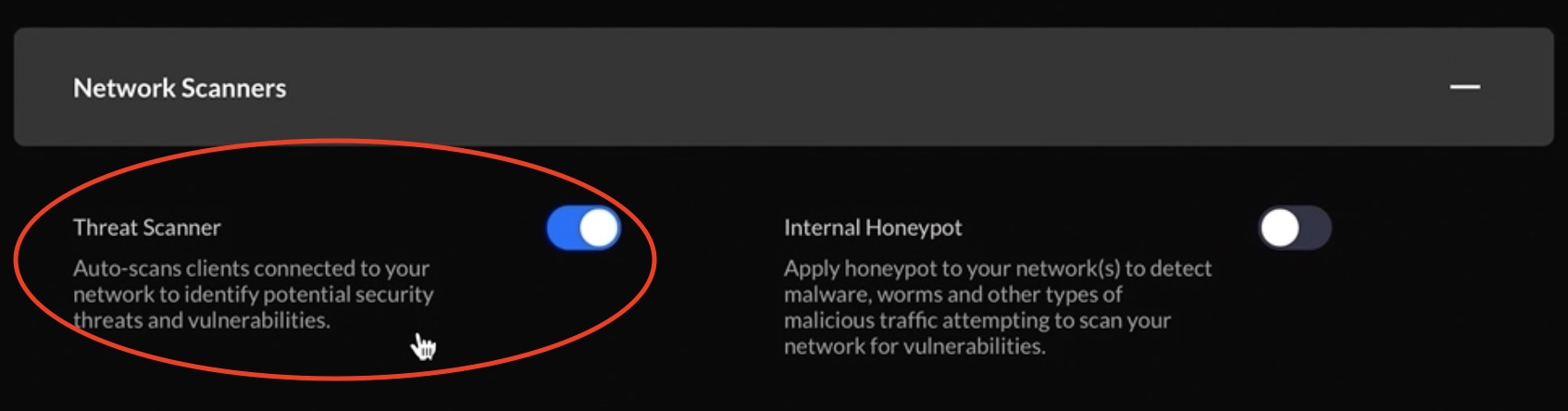 Network Scanners section that contains Threat Scanner and Internal Honeypot options.