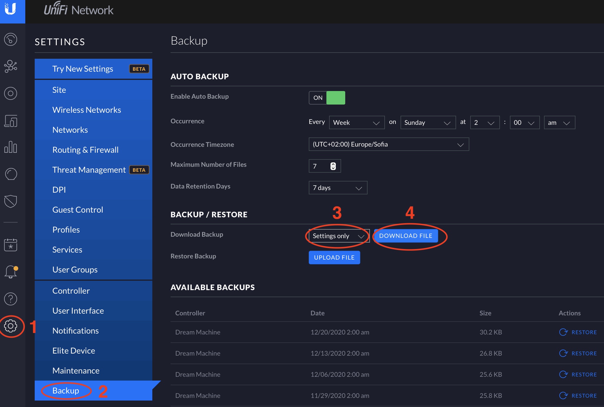 Backup Controller Settings before begin configuring UniFi Internet Security Settings.