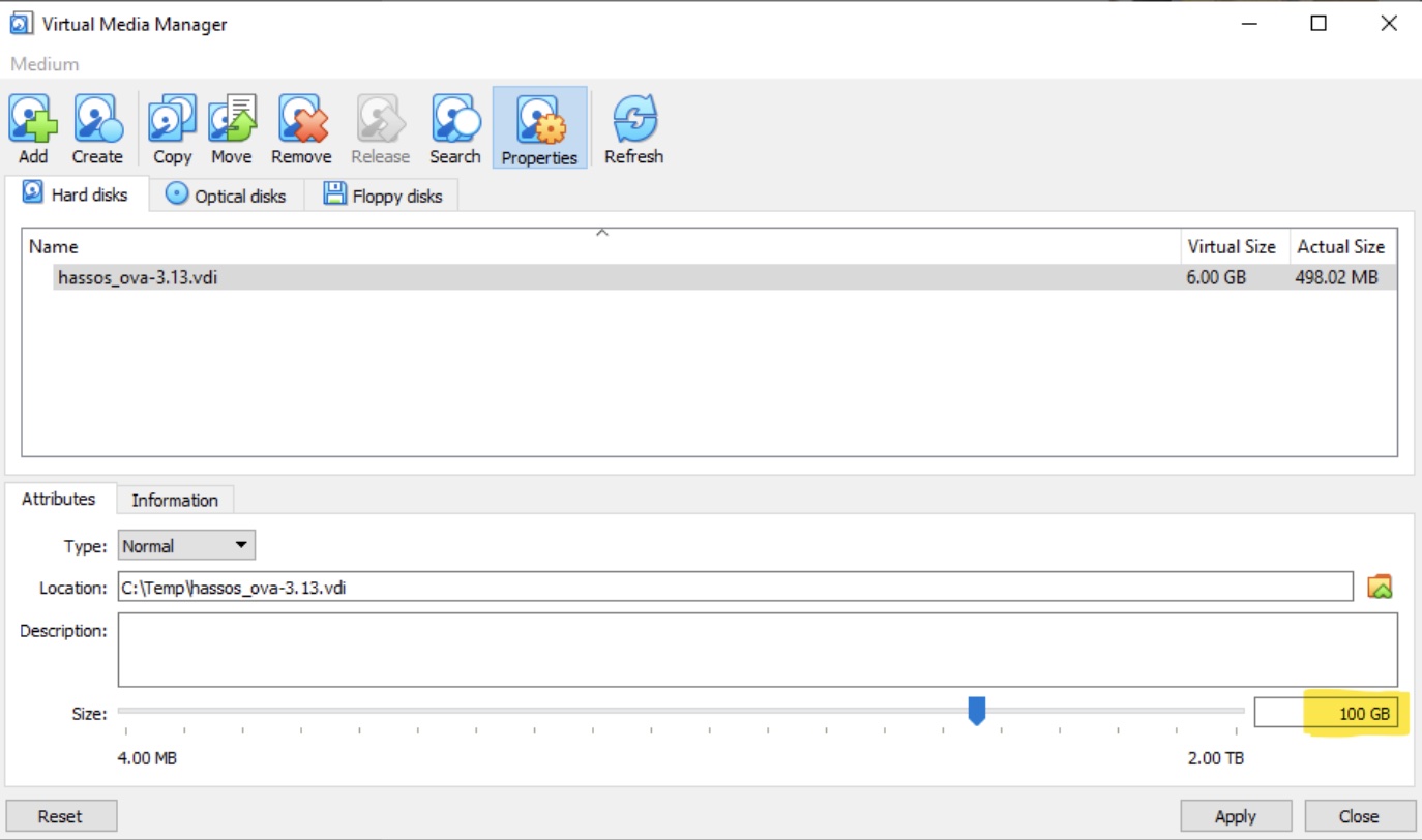 Increasing the initial size of the Home Assistant virtual disk to prevent disk space issues in the future.