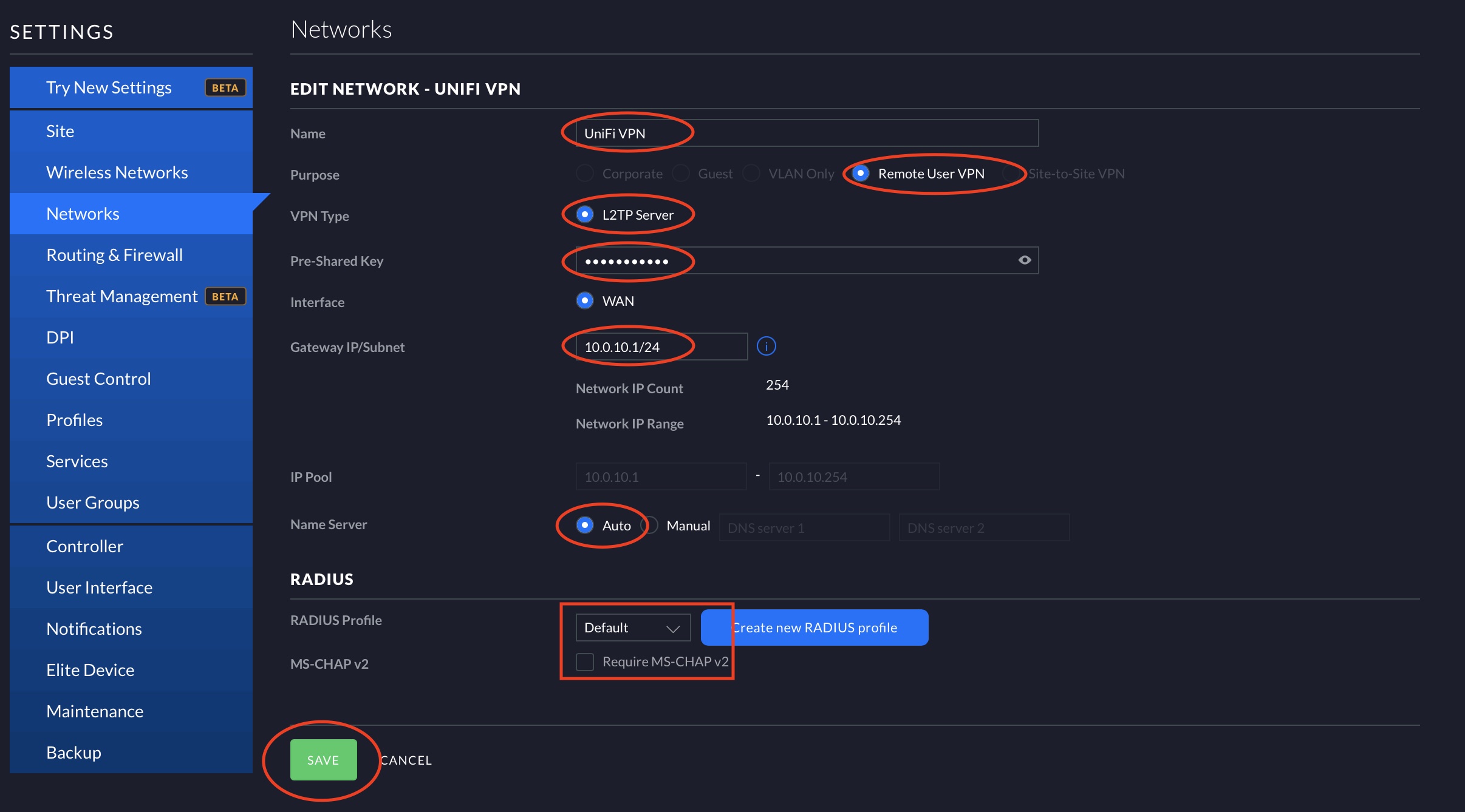 Create a VPN network in UniFi Dream Machine of type L2TP with the Radius profile.