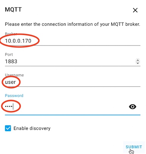 Entering the connection information to MQTT broker