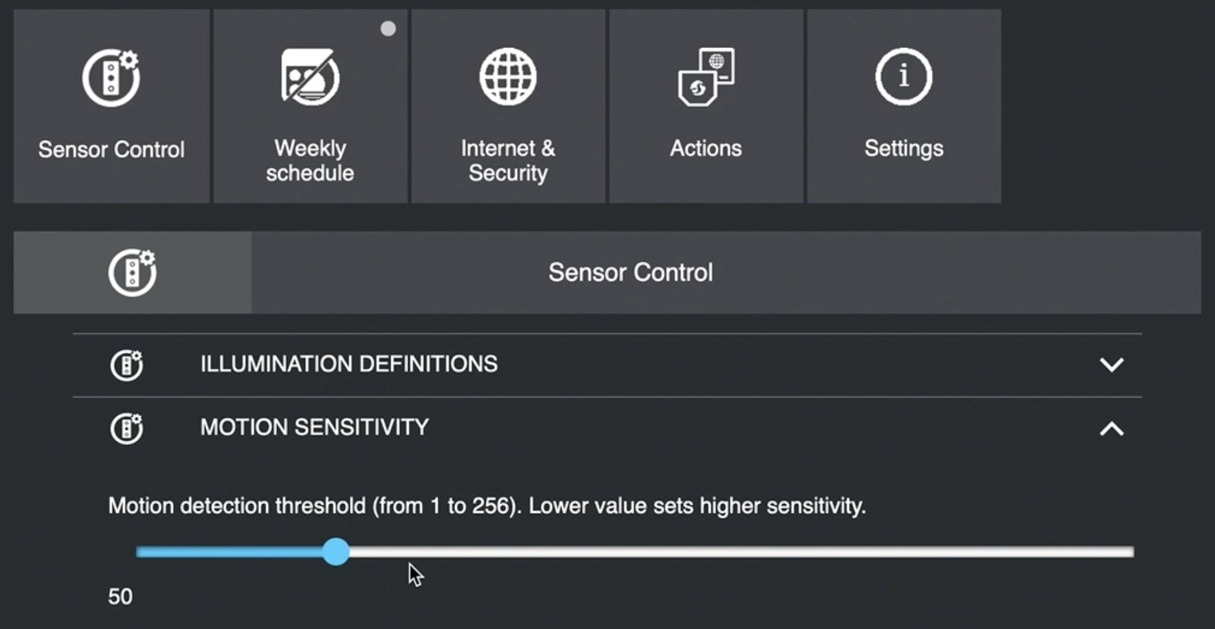 You can adjust the motion detection threshold from 1 to 256 where lower means higher sensitivity